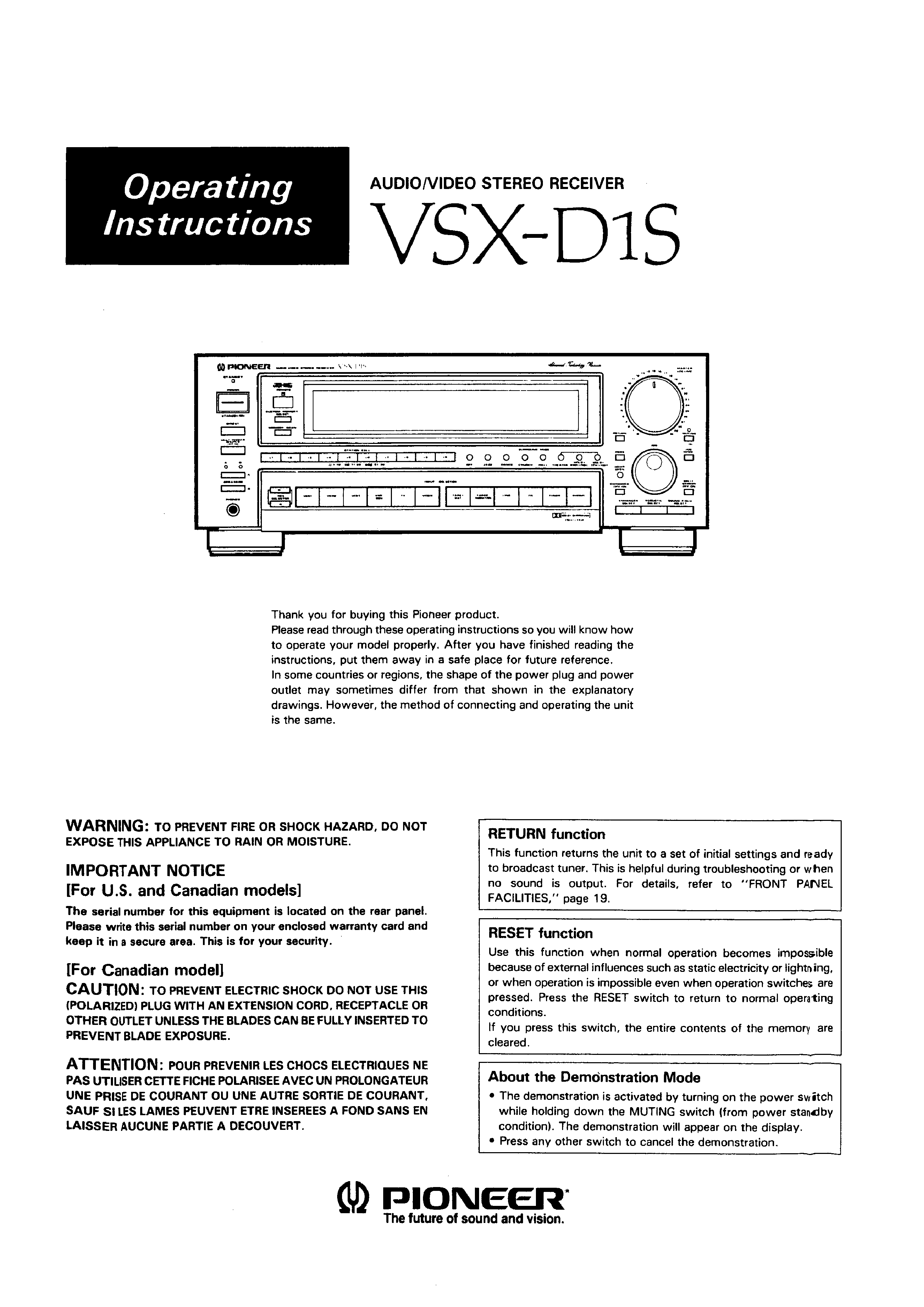 Owner's Manual for PIONEER VSX-D1S - Download