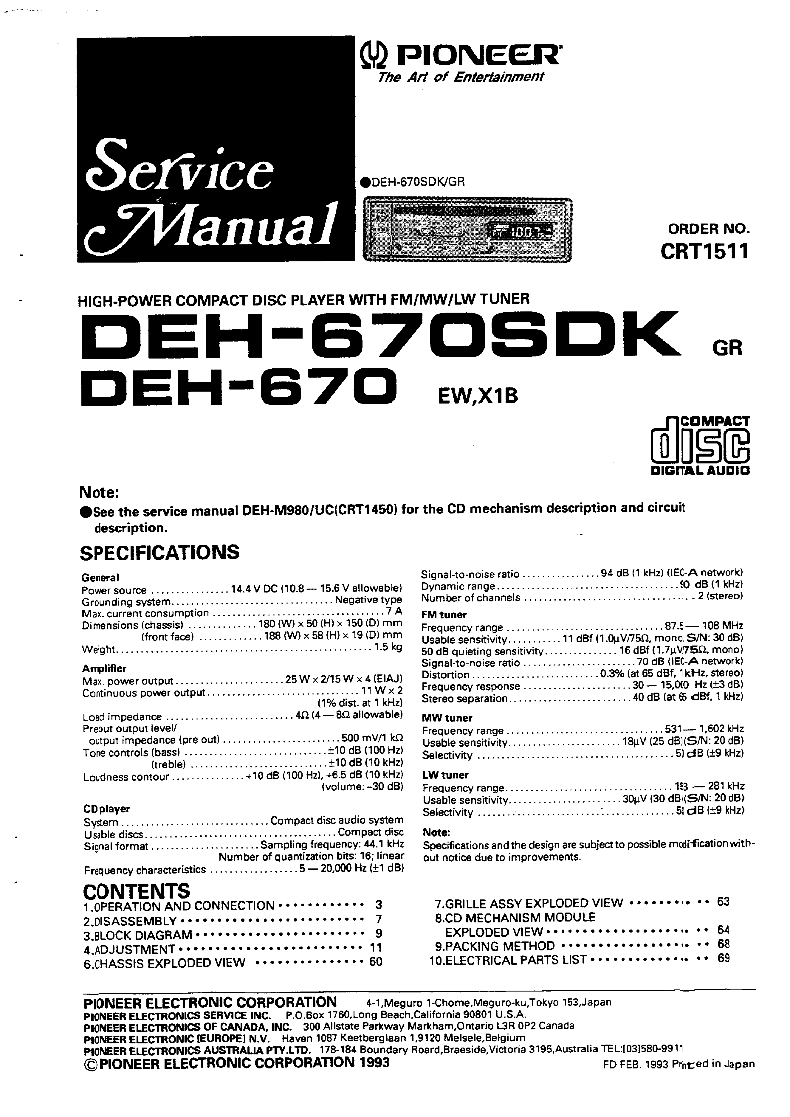 Service Manual for PIONEER DEH670/SDK - Download