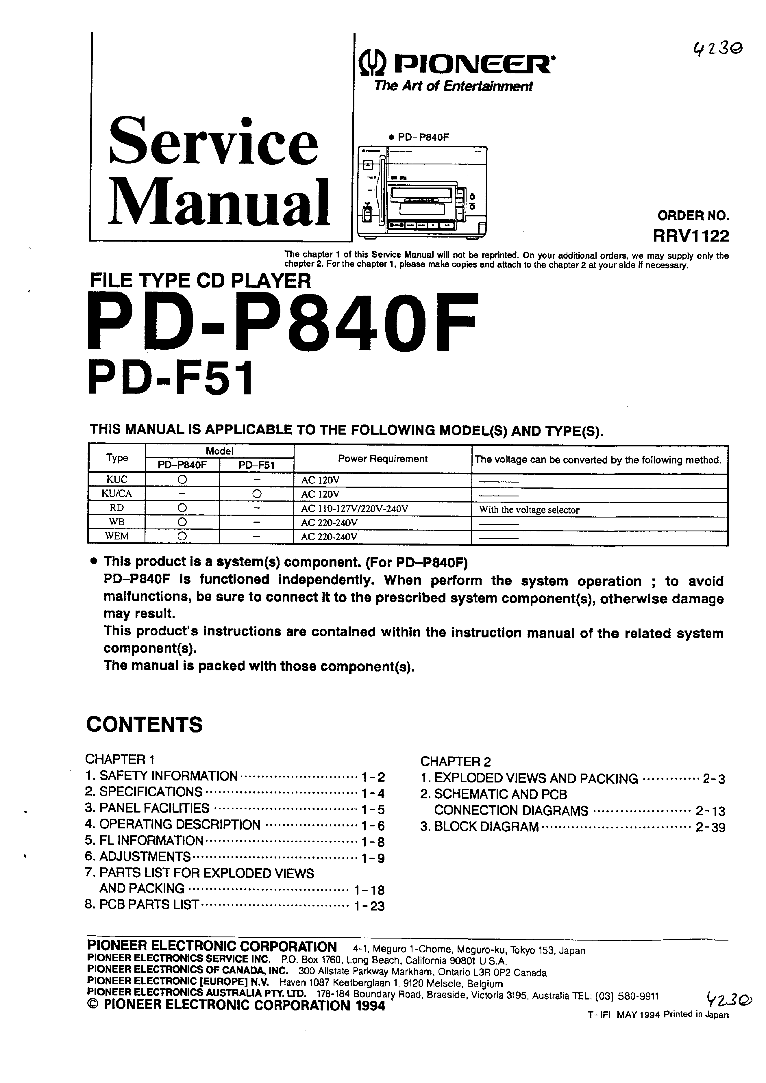 Service Manual for PIONEER PD-P840F-K - Download