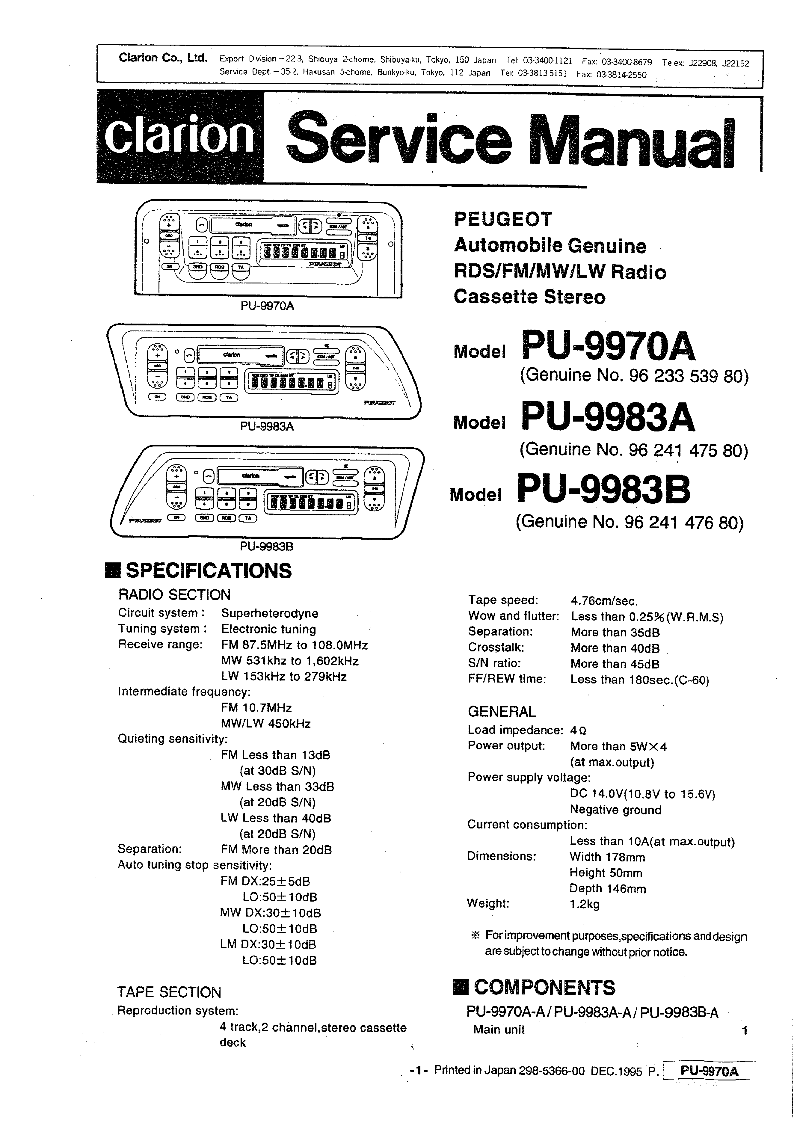 Service Manual For Clarion Pu9970a