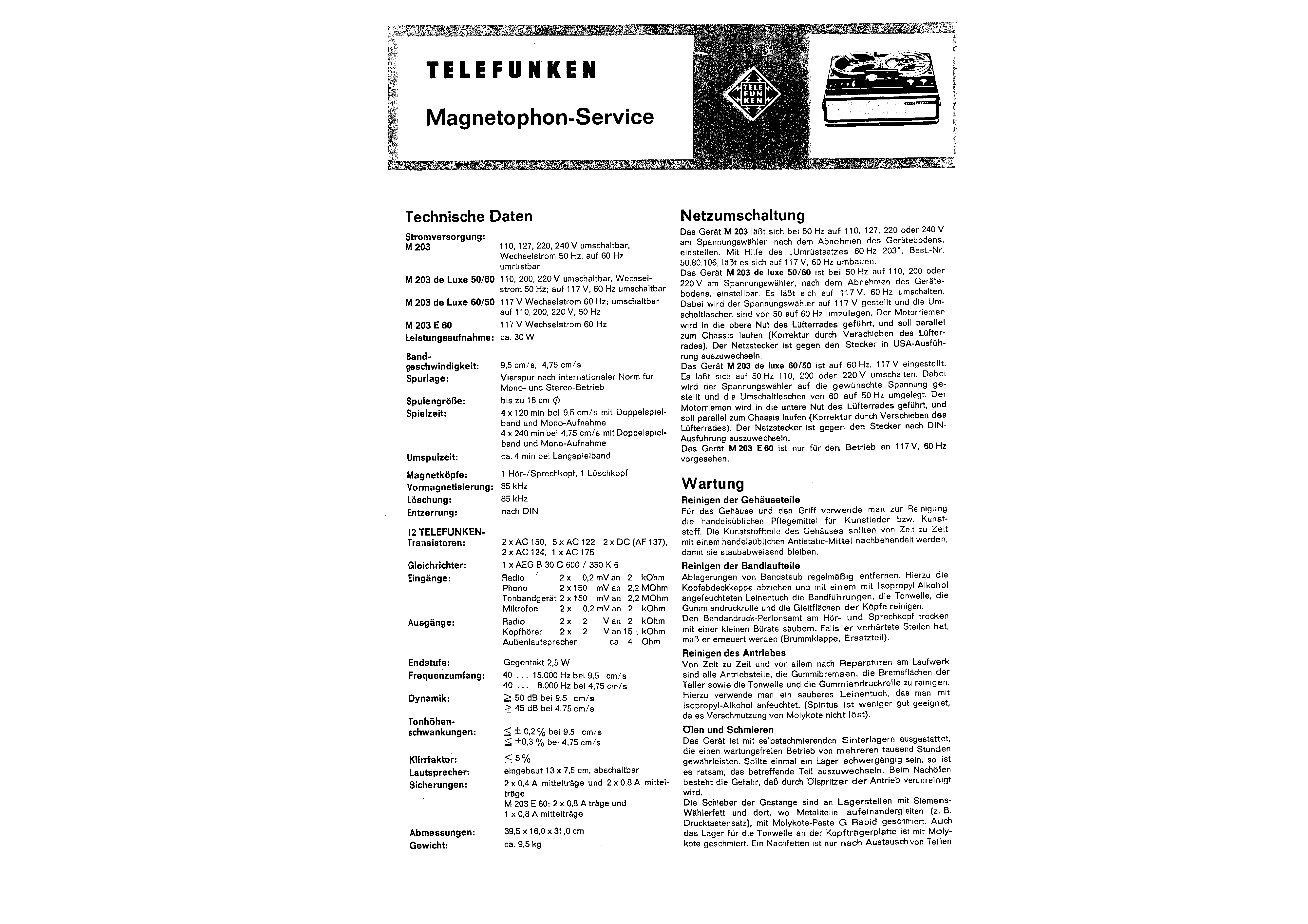 Service Manual-Anleitung für Telefunken Magnetophon 98 