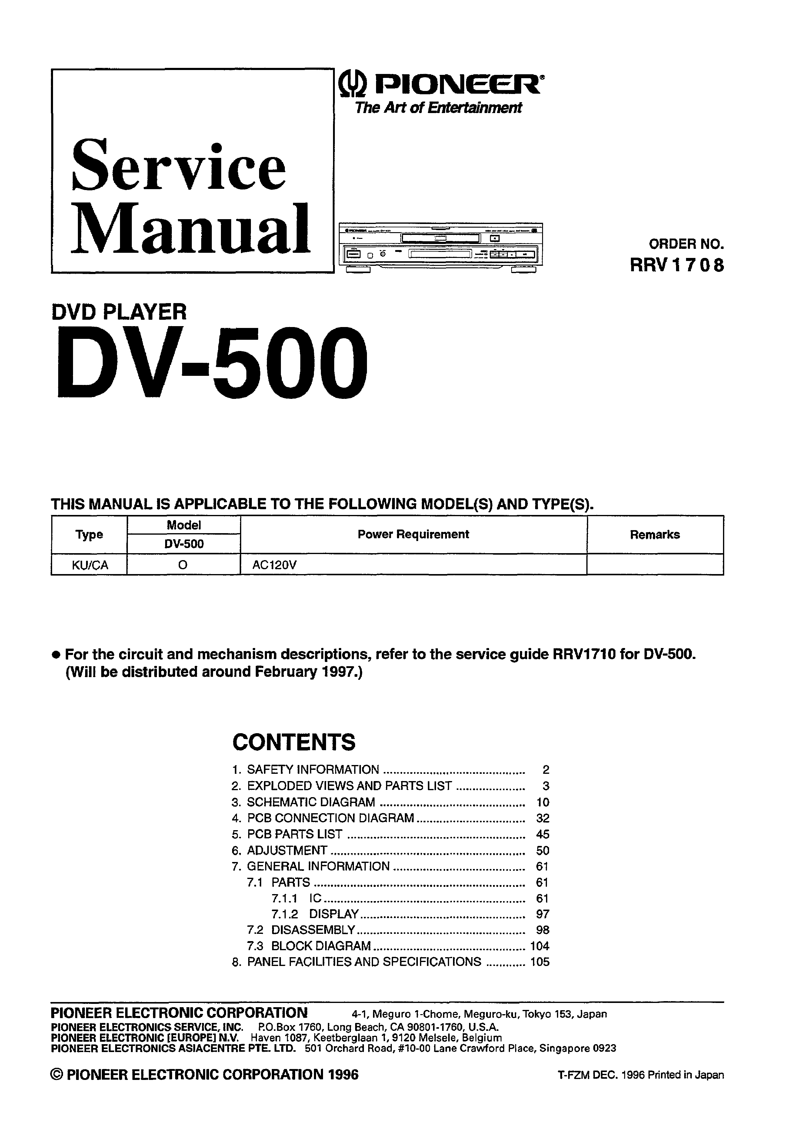 Service Manual for PIONEER DV-500 - Download